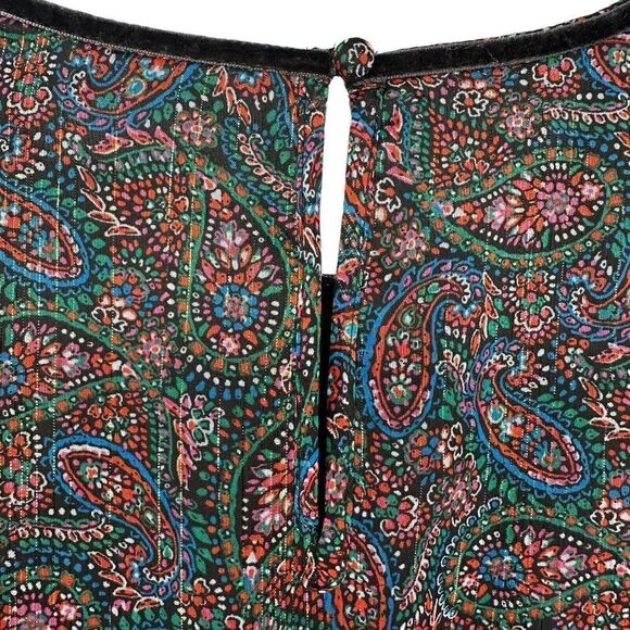 LOFT Shimmer Paisley Velvet Trim Swing Dress XS Black Long Sleeve Ruffle Cuff - Picture 7 of 11